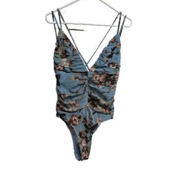 Lulus Bodysuit Women Large Sleeveless Open Back Strings Floral Blue Brown L - Picture 1 of 11